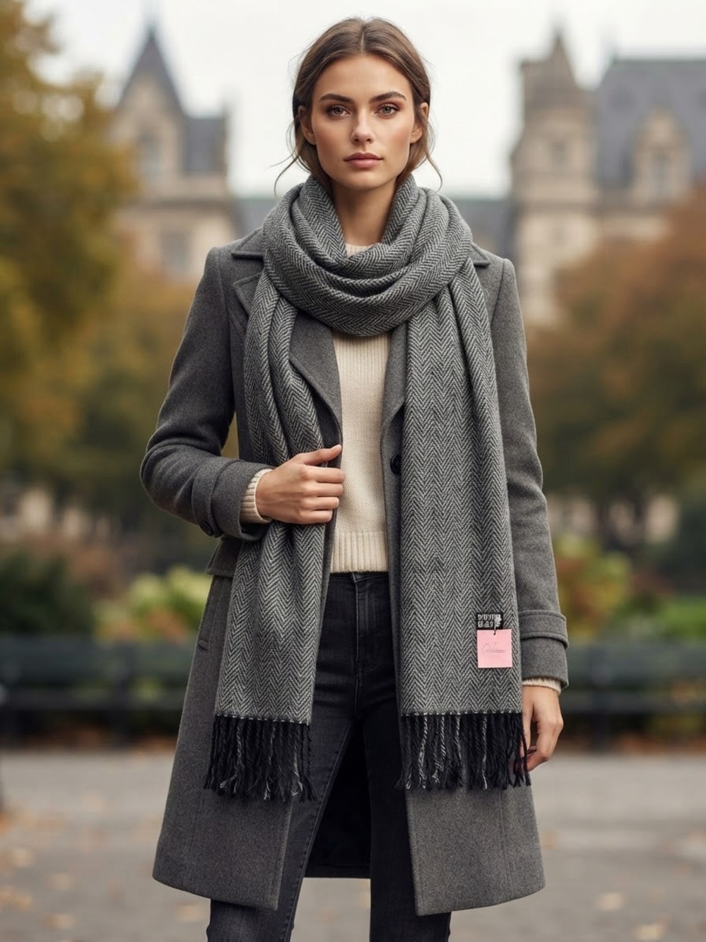 New Look Grey Herringbone Fringe Scarf